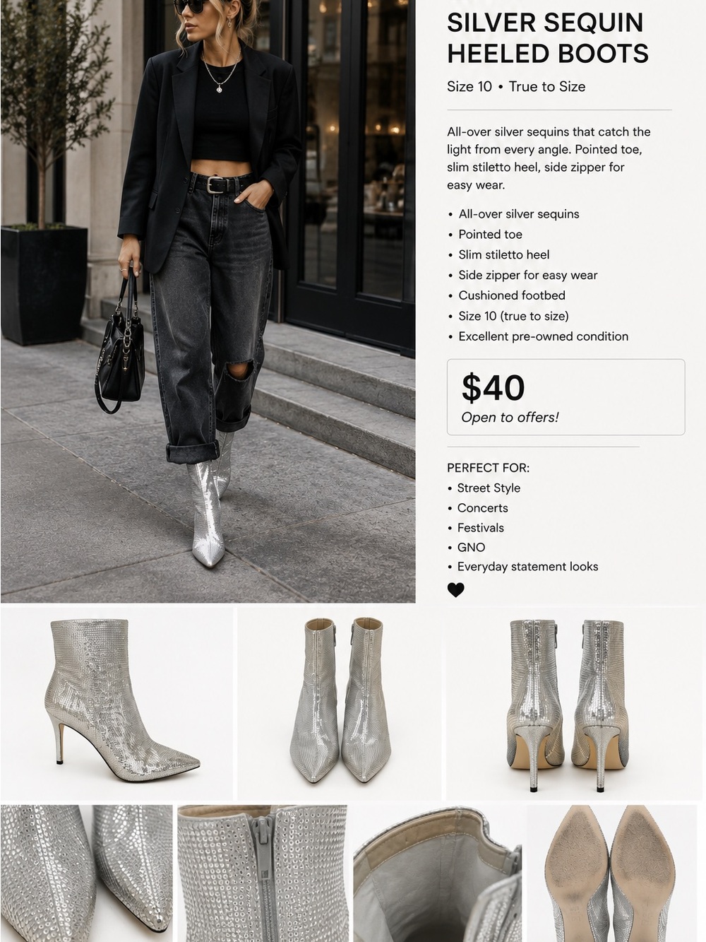 bp Silver Sequin Pointed Toe Heeled Ankle Boots